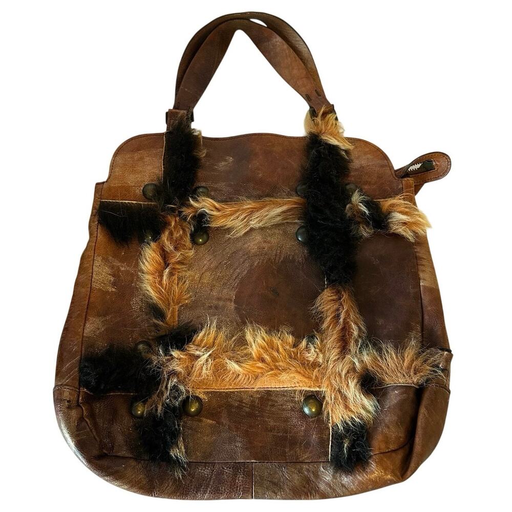 Falor Italian Genuine Leather Tote‎ Bag Fur Patchwork Maximalist Mob Wife Luxury